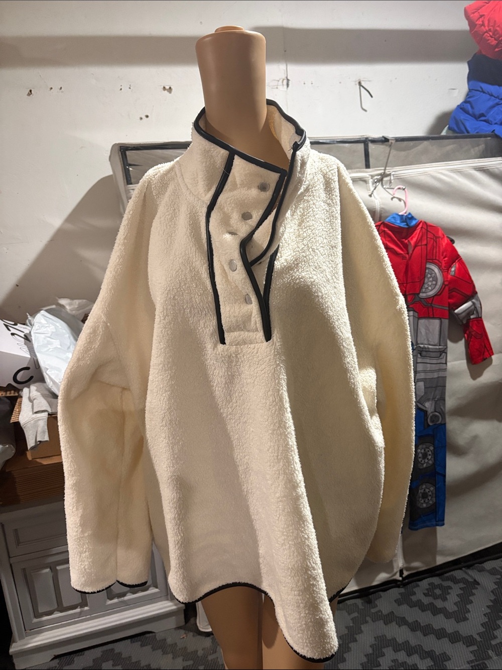 Woman  Cream Sherpa Pullover Sweater with Contrast Trim